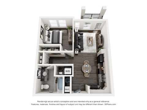 A 3D floor plan of a small apartment with a kitchen, living room, and bathroom.